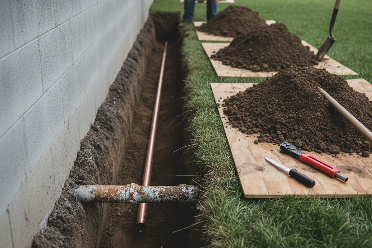 Excavated water line trench during Water Softener Installation in Monterey Park